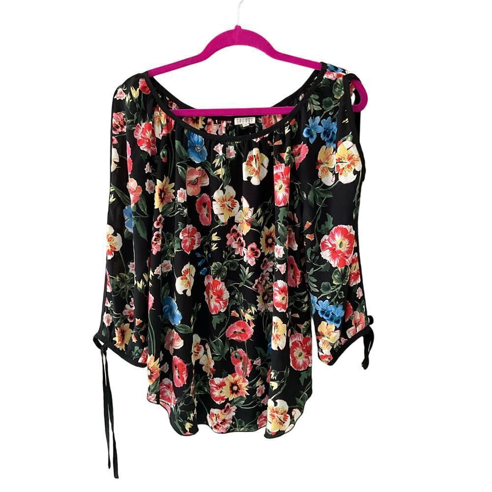 Spense Blouse Top Women's L Black Floral Round Neck Short Cold Shoulder Sleeve
